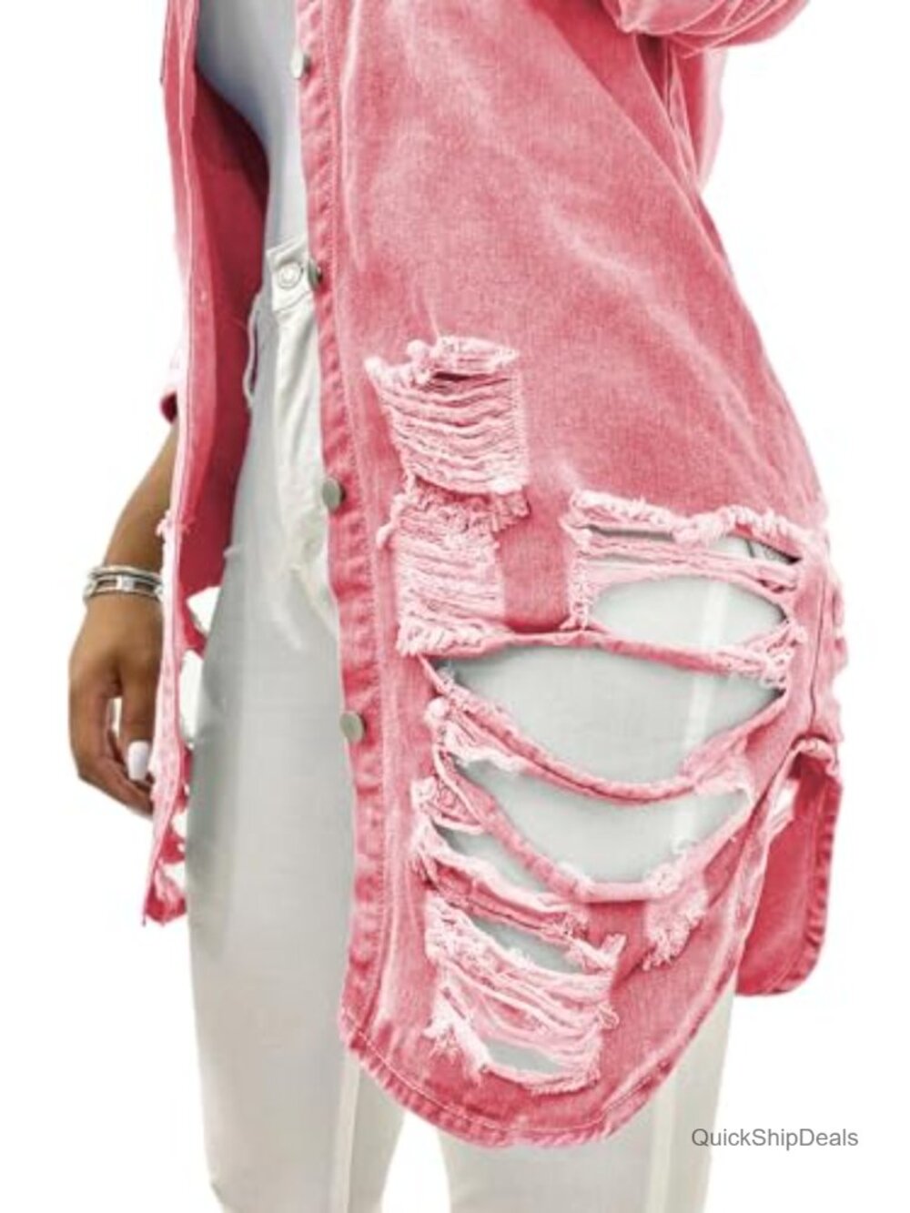 Long Denim Jacket Women Classic Trucker Ripped Oversized Jean Coat - Picture 2 of 5